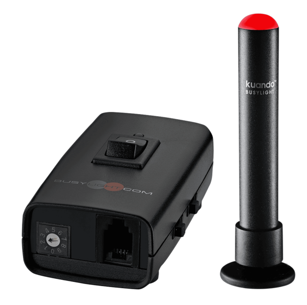 Kuando Busylight Combi on a desk showing a red light to indicate a manual busy status.